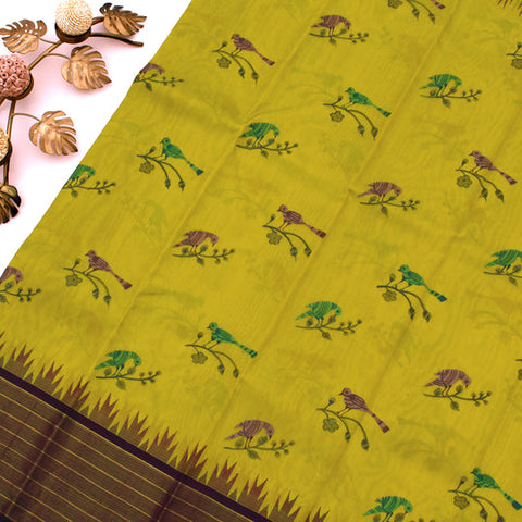 Mustard Hand Painted Kanchi Silk Saree with Birds Painted Design