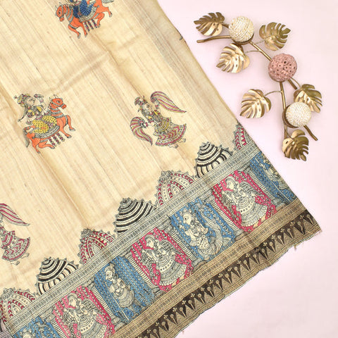 OFF WHITE MADHUBANI HAND PAINTED TUSSAR SAREE WITH BLOUSE