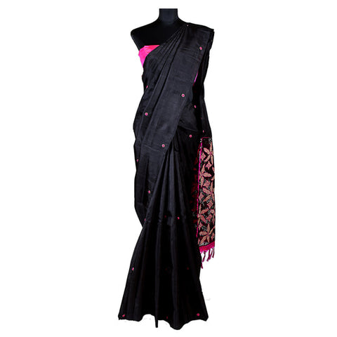 BLACK KANCHI SILK FRENCH KNOT EMBROIDERY AND CUT WORK PALLU AND ROSE EMBROIDERED BLOUSE
