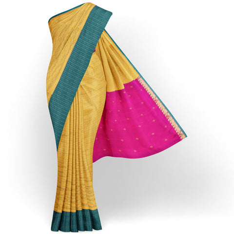 PASTEL YELLOW CHECKED TUSSAR SAREE WITH PINK KANCHI SILK BLOUSE AND PALLU