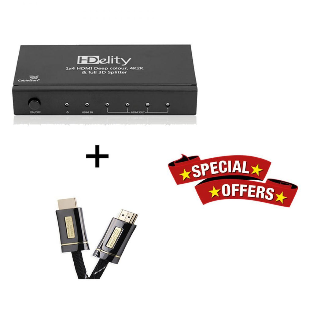 Cablesson HDelity 1x4 HDMI Splitter mit 4K2K mit XO Platinum 16m High Speed ​​HDMI-Kabel mit Ethernet - Schwarz