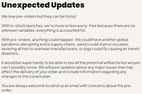 A screenshot of our pre-order launch blog detailing unexpected update expectations.