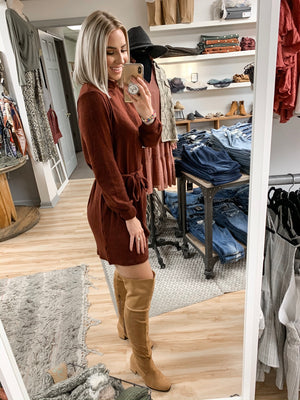 tan suede knee high boots outfit