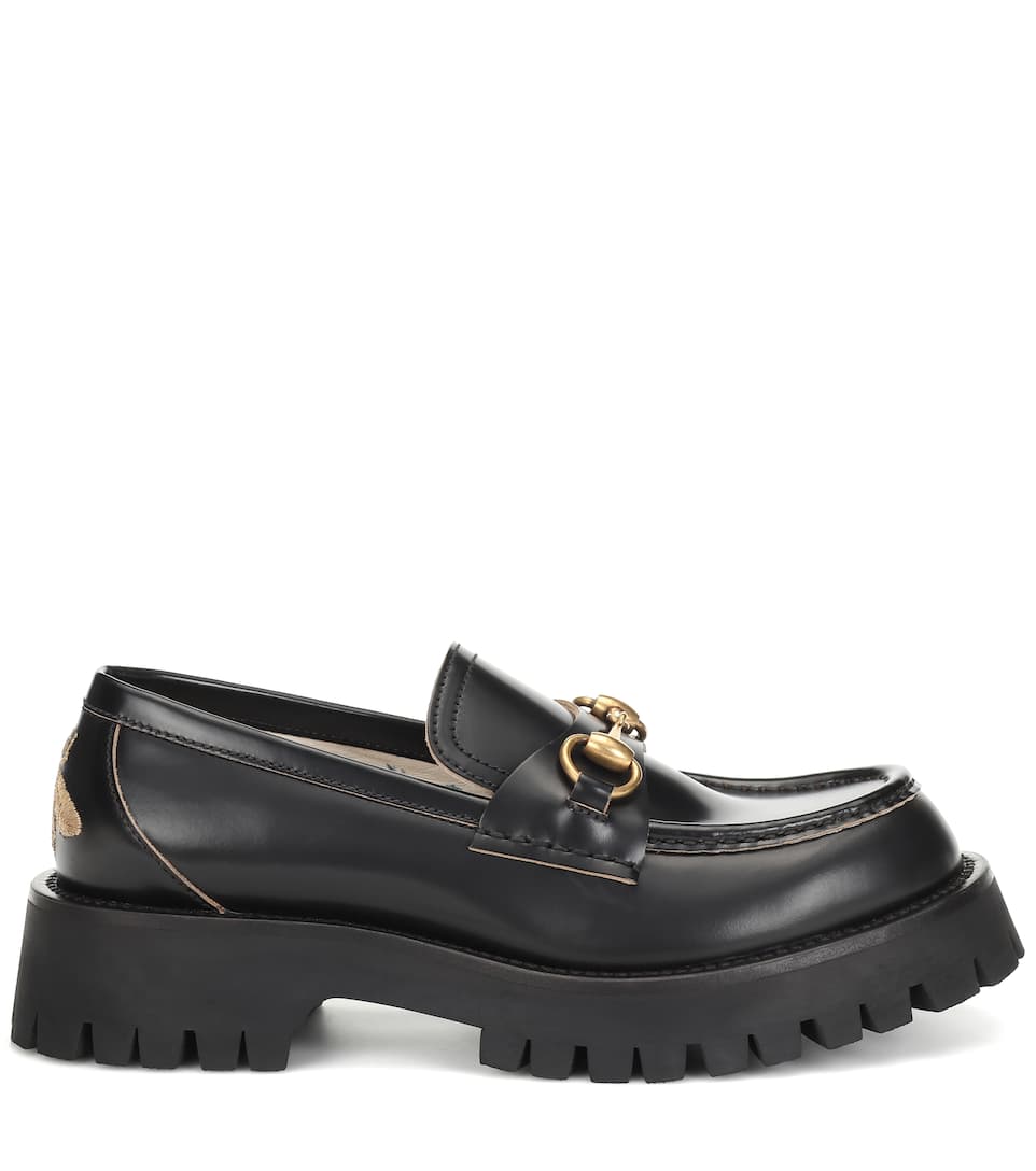 black leather lug sole loafers