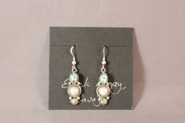 Erick Begay Turquoise And Pearl Drop Sterling Silver Earrings