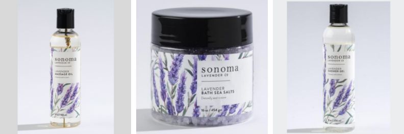 Sonoma Lavender Massage Oil Bath Salts and Lavender Infused Shower Gel