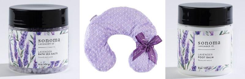 sonoma lavender bath sea salts, neck pillow and foot balm