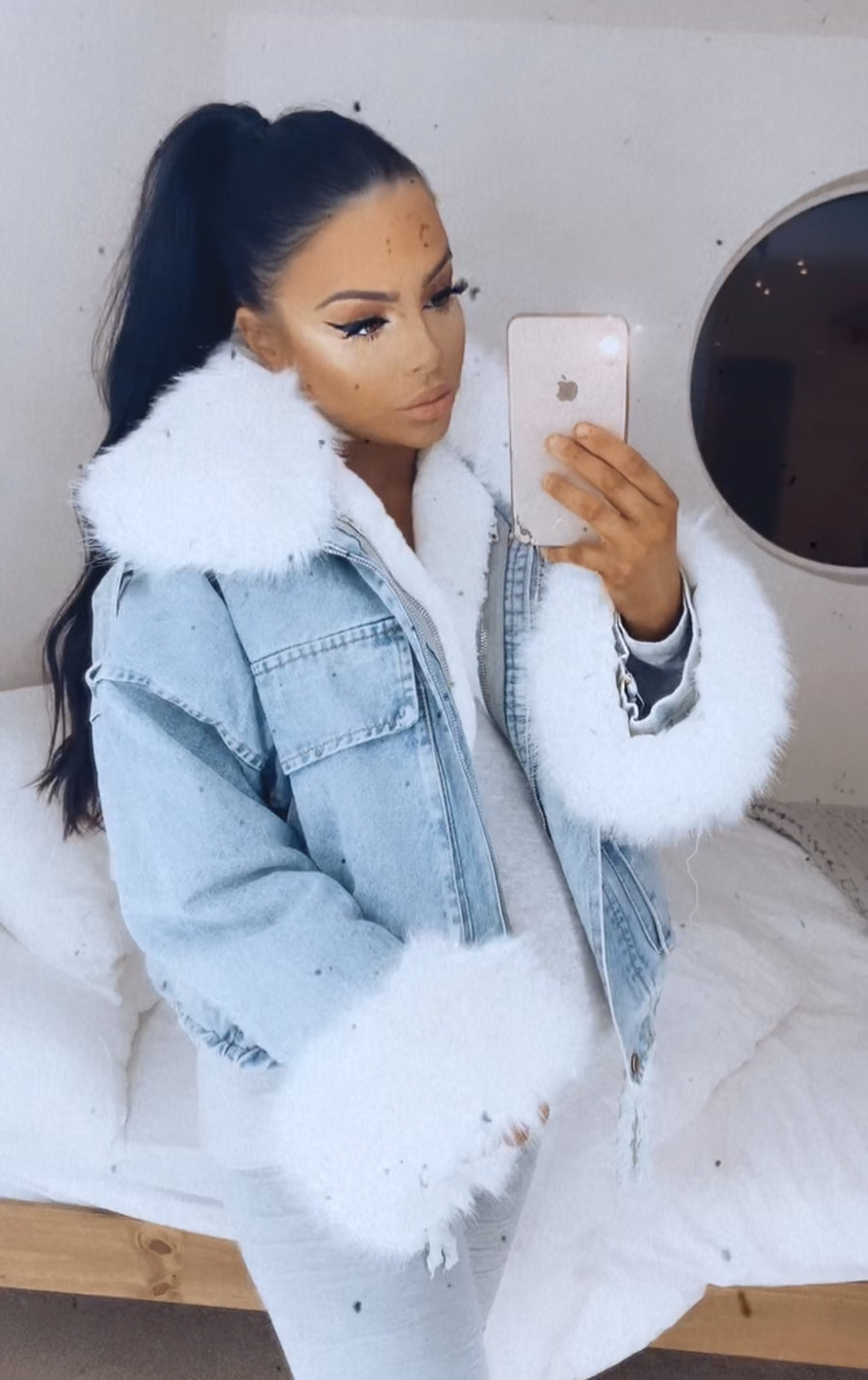 white faux fur jacket