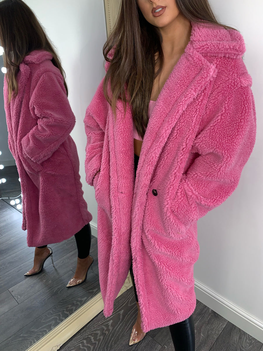 pink teddy coat with hood