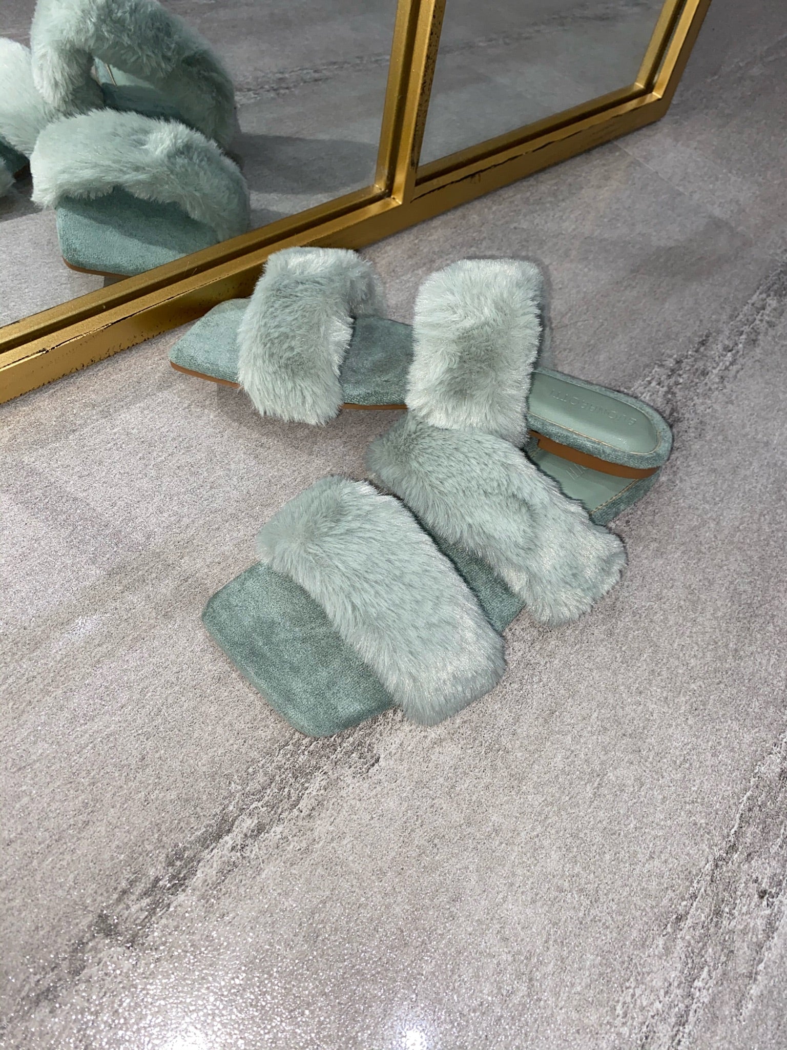 Issy Fluffy Double Strap Slippers - Sage(SALE)