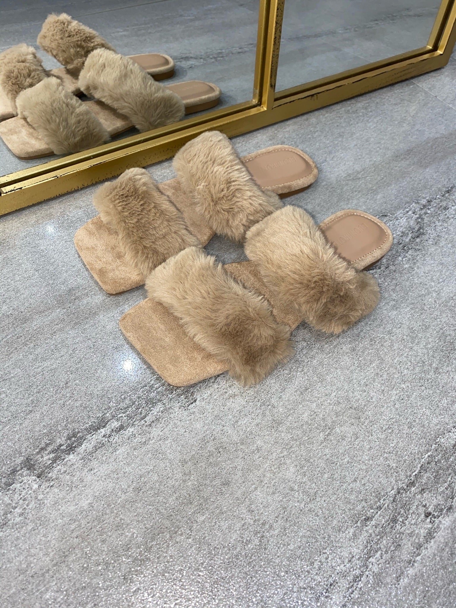 Issy Fluffy Double Strap Slippers - Nude(SALE)