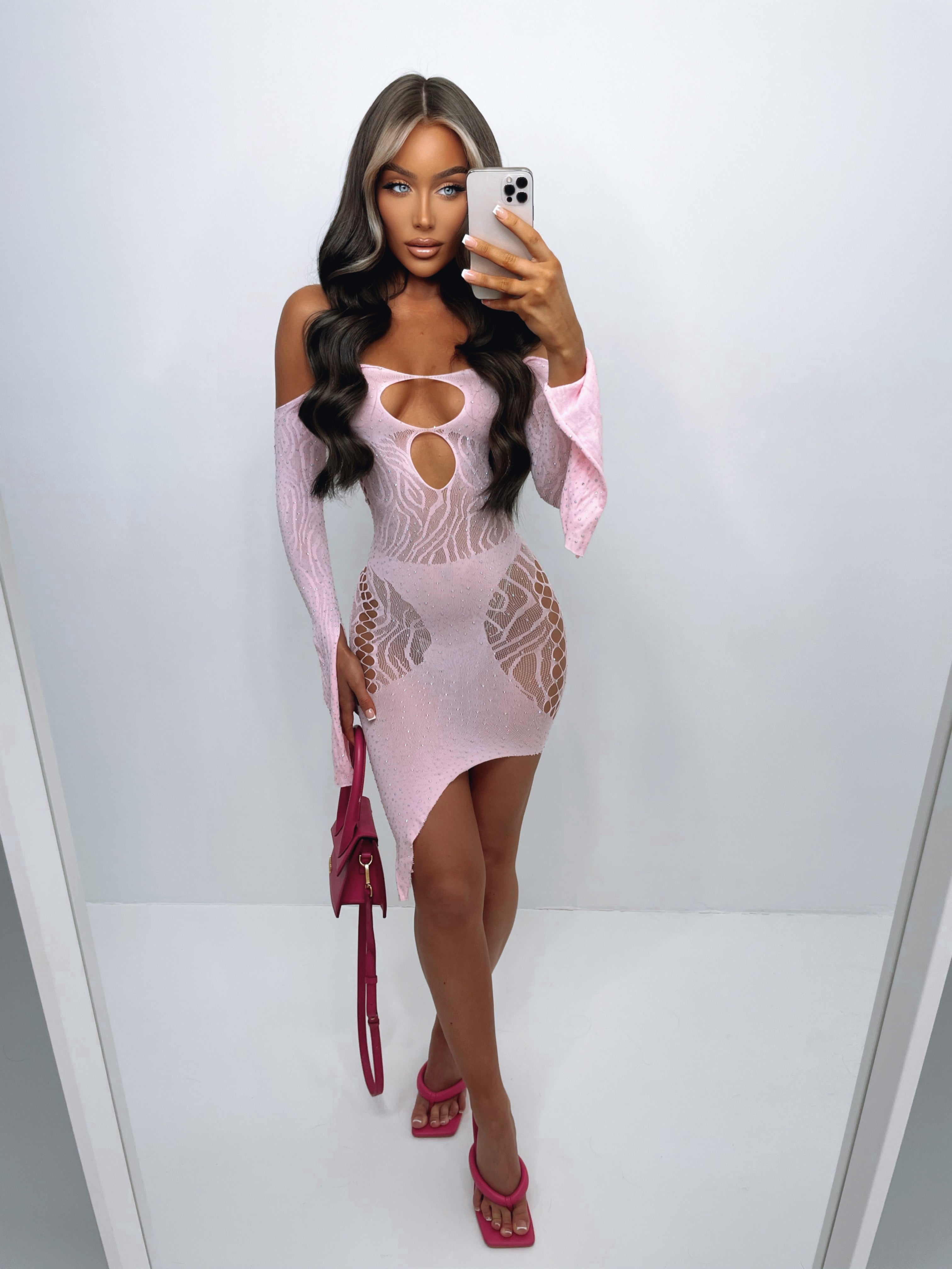 Mya DiamantÃ© Mesh Dress - Rose