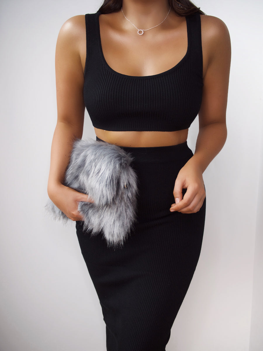 grey fur clutch bag