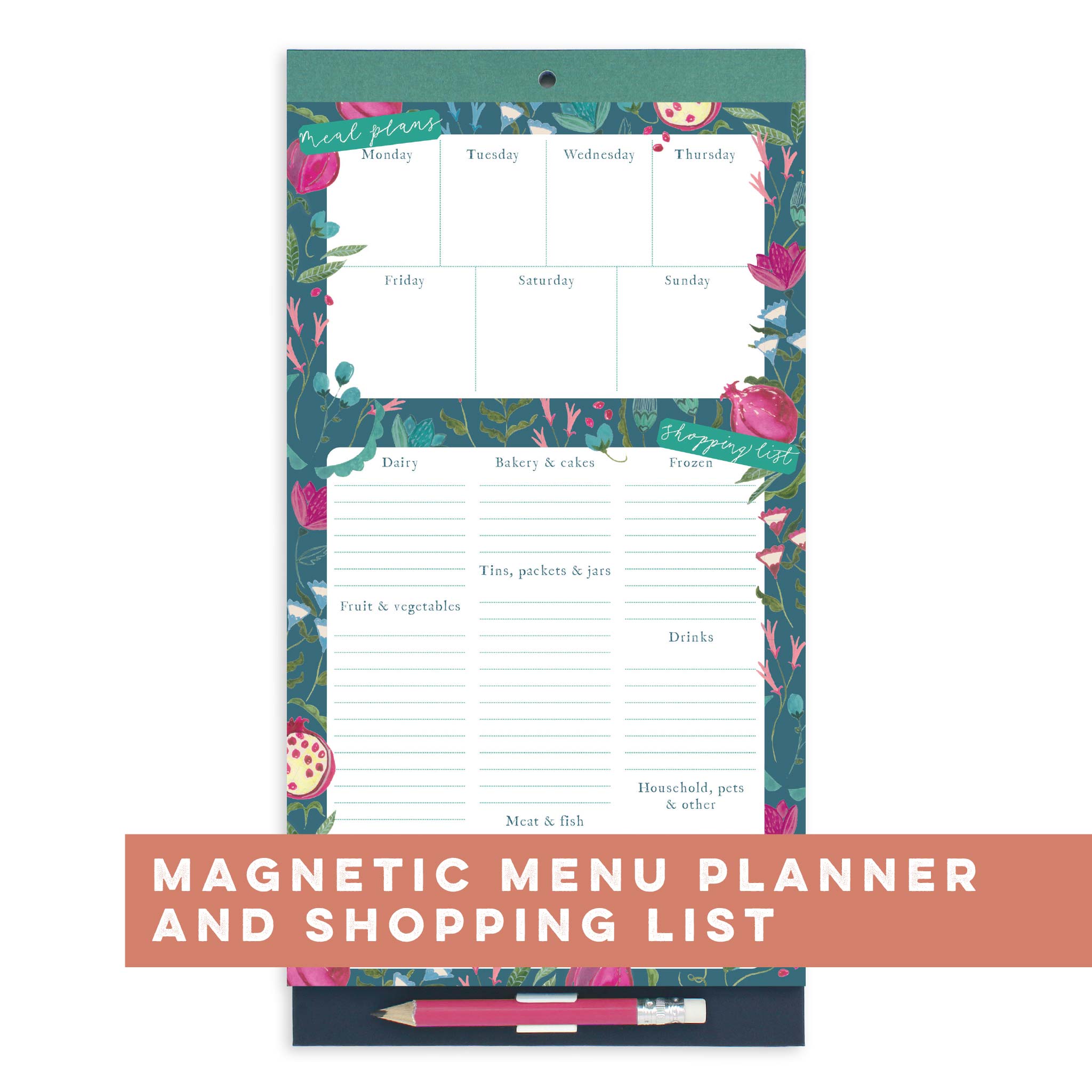 An image of Menu & Shopping Magnetic Fridge List I Meal Planner I Boxclever Press Teal Pomeg...