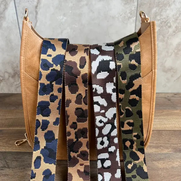 Ahdorned Camel Brown Vegan Leather Crossbody + Leopard Guitar Strap