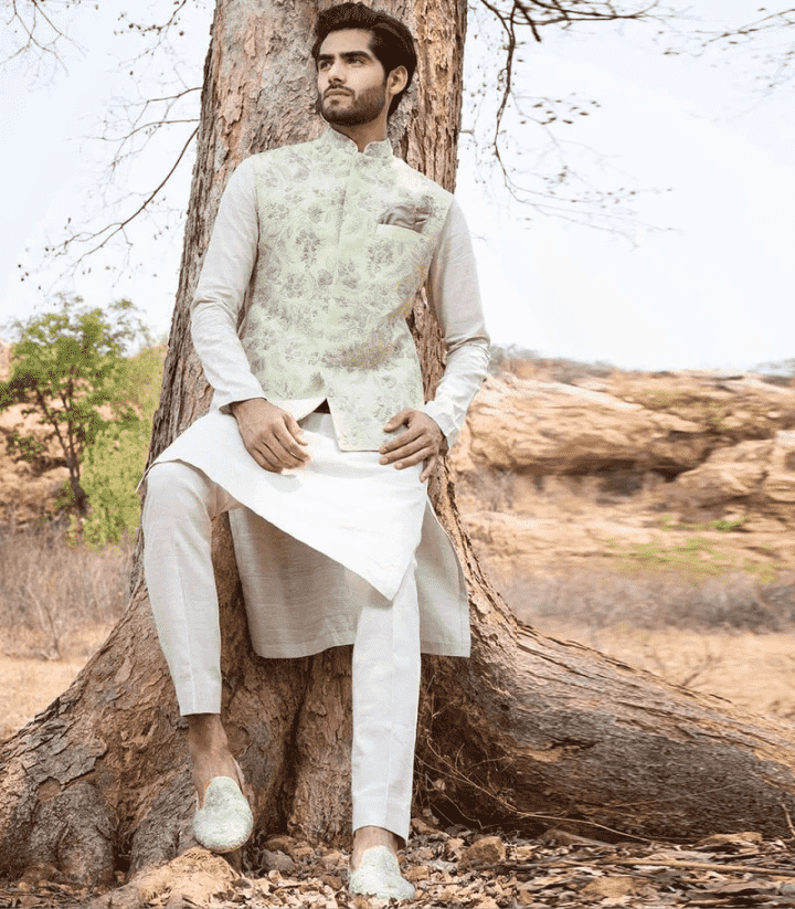 Anushree Reddy - Mint Green Rawsilk bandi set