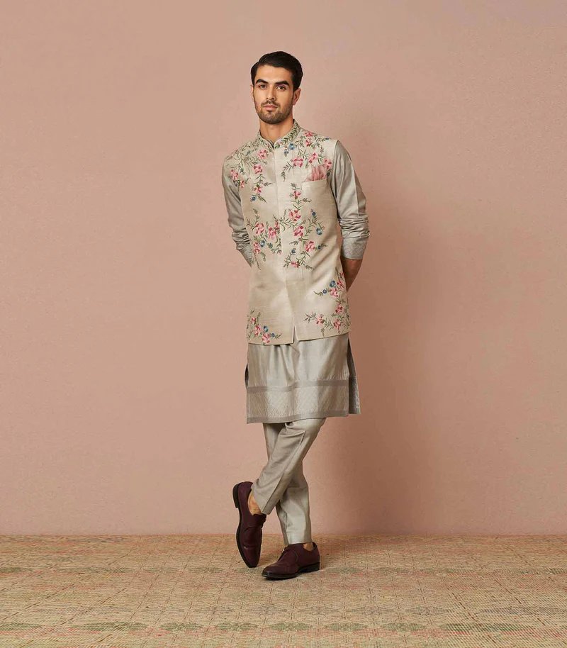 Anushree Reddy - Grey Rawsilk iris thread embroidered bandi kurta set