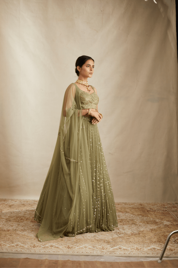 Olive Green With Anitque Work Lehenga Set The Grand Trunk 6246