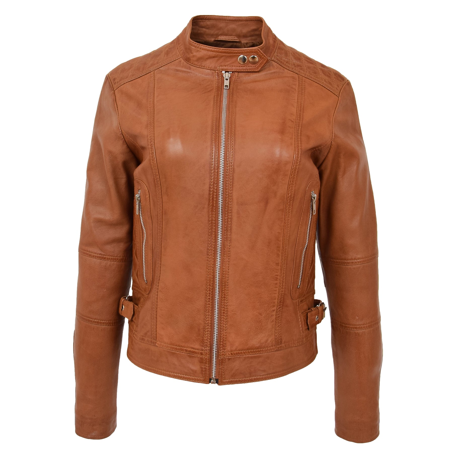WOMENS SOFT TAN LEATHER BIKER JACKET DESIGNER STYLISH FITTED QUILTED CELESTE