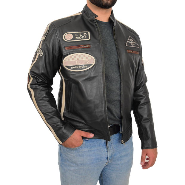 Mens BLACK Leather Biker Jacket Slim Fit Motor Sports Badges Coat Wayne Open Side 2
