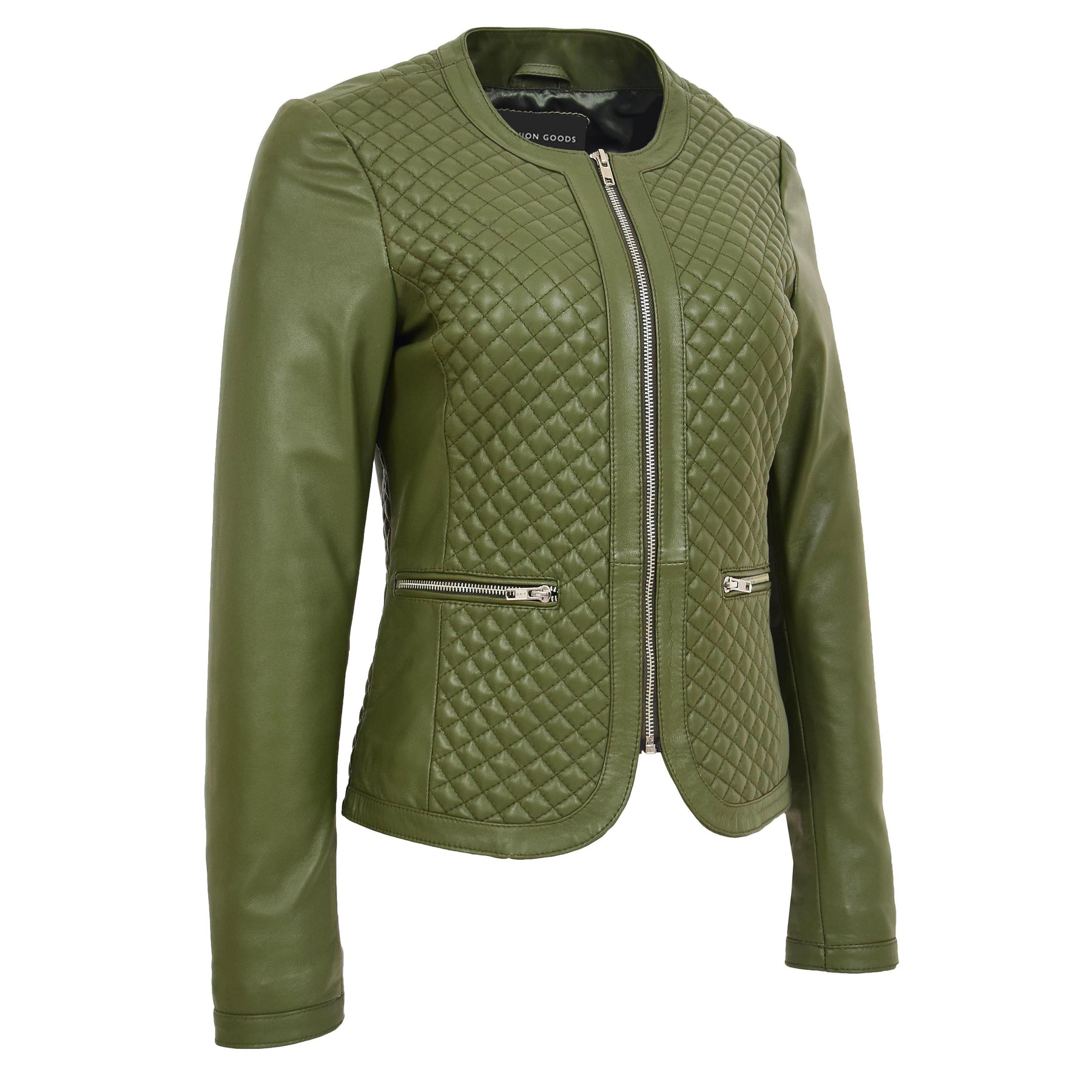 WOMEN COLLARLESS OLIVE GREEN LEATHER JACKET FITTED QUILTED ZIP UP - REMI