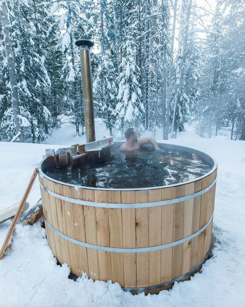 winter wood fire hot tub