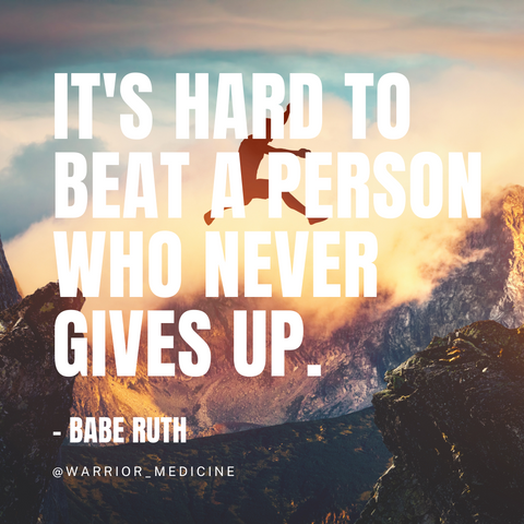 warrior medicine inspirational quote babe ruth Its hard to beat a person who never gives up man jumping high over mountain rocks cloud sunset background white bold text