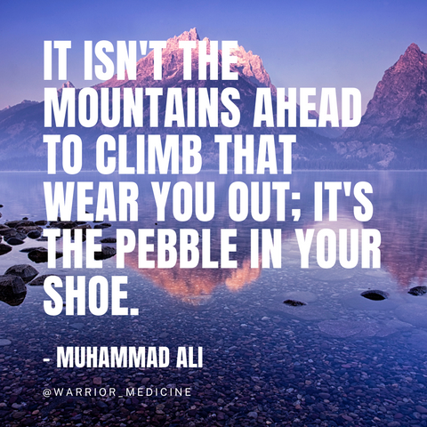 warrior medicine inspirational quote muhammad ali It isnt the mountains ahead to climb that wear you out its the pebble in your shoe blue mountains with snowy peaks reflected on lake water large white bold text