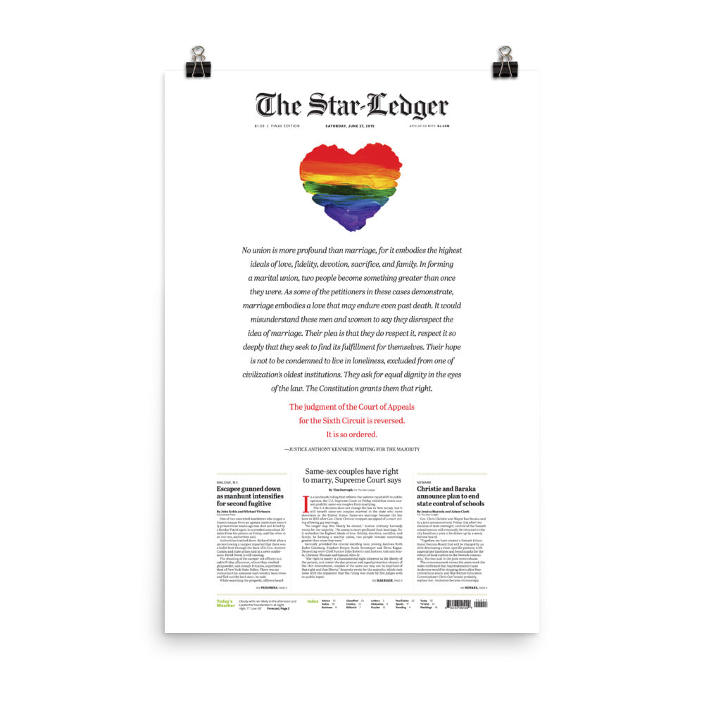 Front page poster reprint of 2015 Supreme Court same-sex marriage ruling