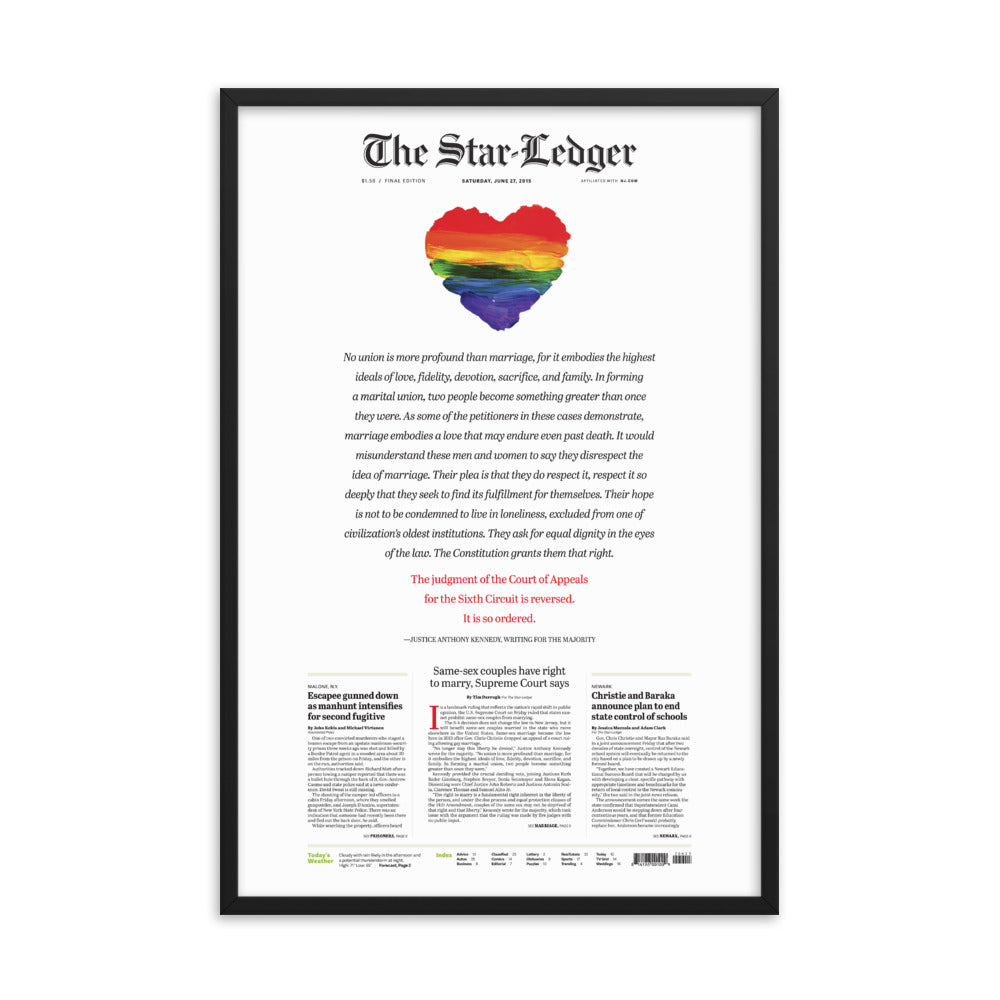 Framed front page reprint of 2015 Supreme Court same-sex marriage ruling