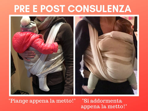 Due immagini, una pre e l'altra post consulenza di come si porta un bambino in fascia.