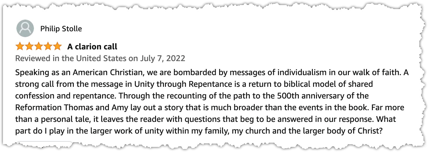 5 star review of Unity Through Repentance book