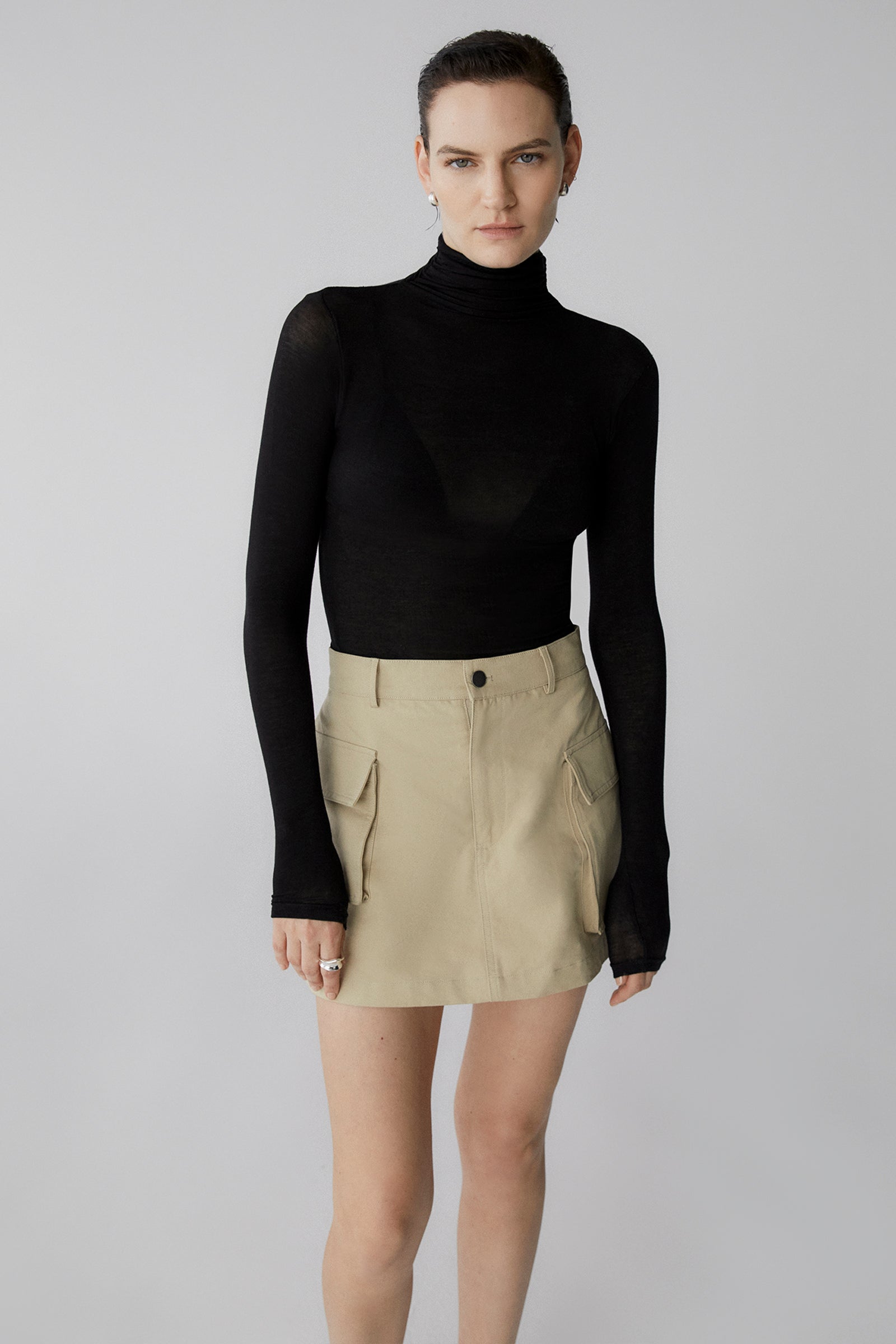 Sheer Knit Slinky Funnel Neck Top