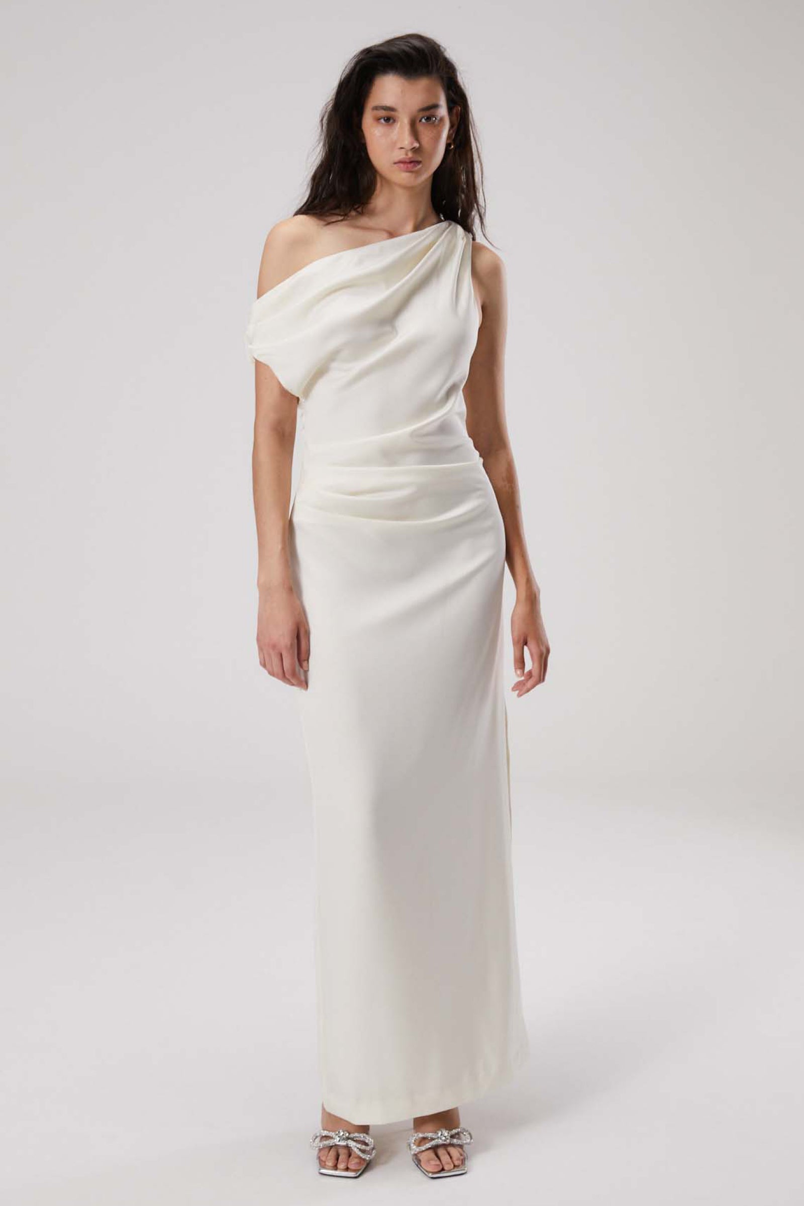 White satin drape gown