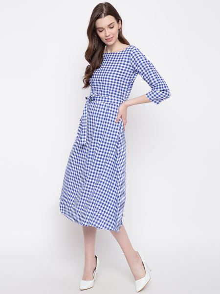 blue and white check dress