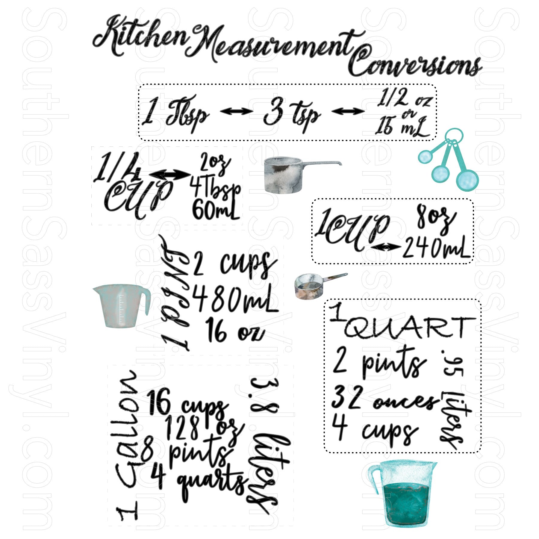 Kitchen Conversion Measurement Chart Png Clip Art Instant Digital Download Southern Sass Vinyl