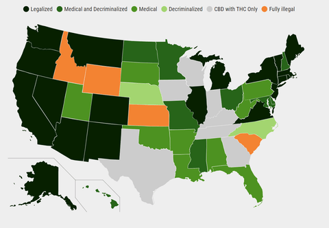 US state map color coded noting state-by-state levels of cannabis legalization