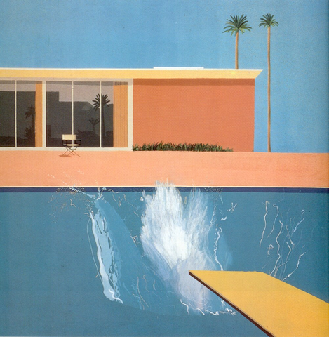 Pink House with blue pool and yellow diving board