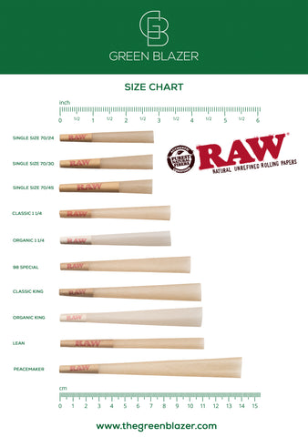 Size chart with several RAW rolling paper options listed