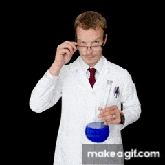 spinning gif of a scientist in a lab coat holding a glass flask