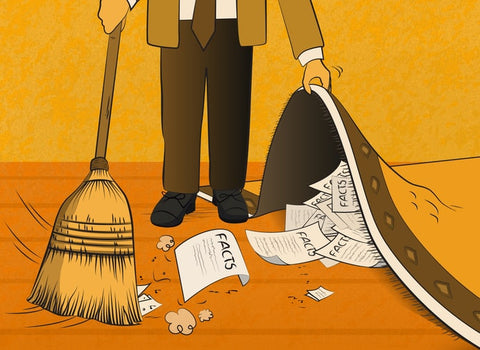 cartoon of man sweeping documents labeled "facts" under a rug