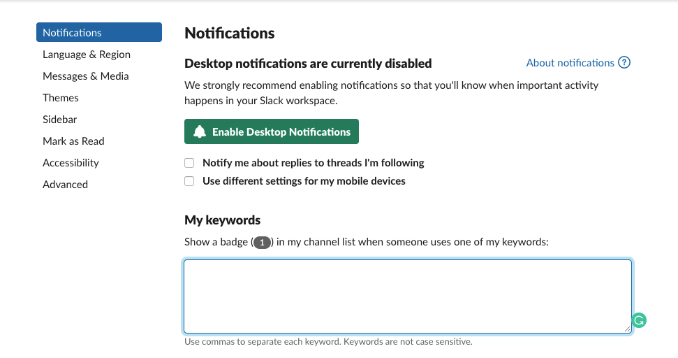 slack notification settings screenshot