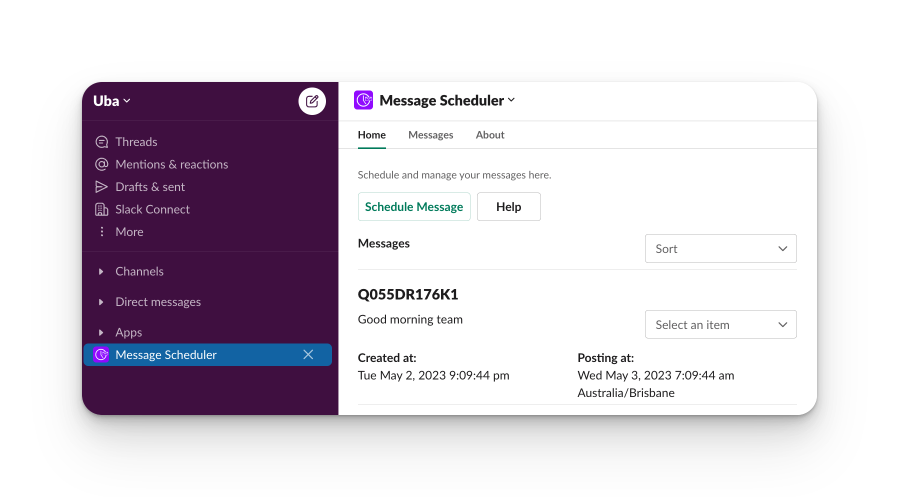 screenshot of message scheduler home dashboard 