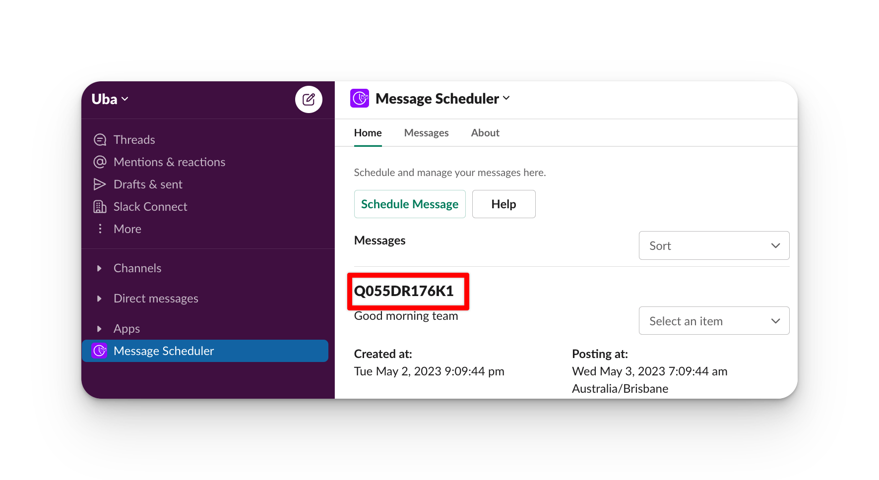 screenshot of message scheduler advanced dashboard with message id shown