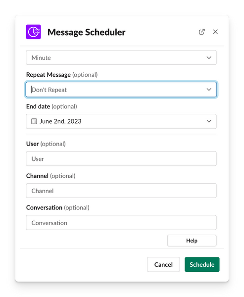 slack scheduler advanced modal showing recurring messages option