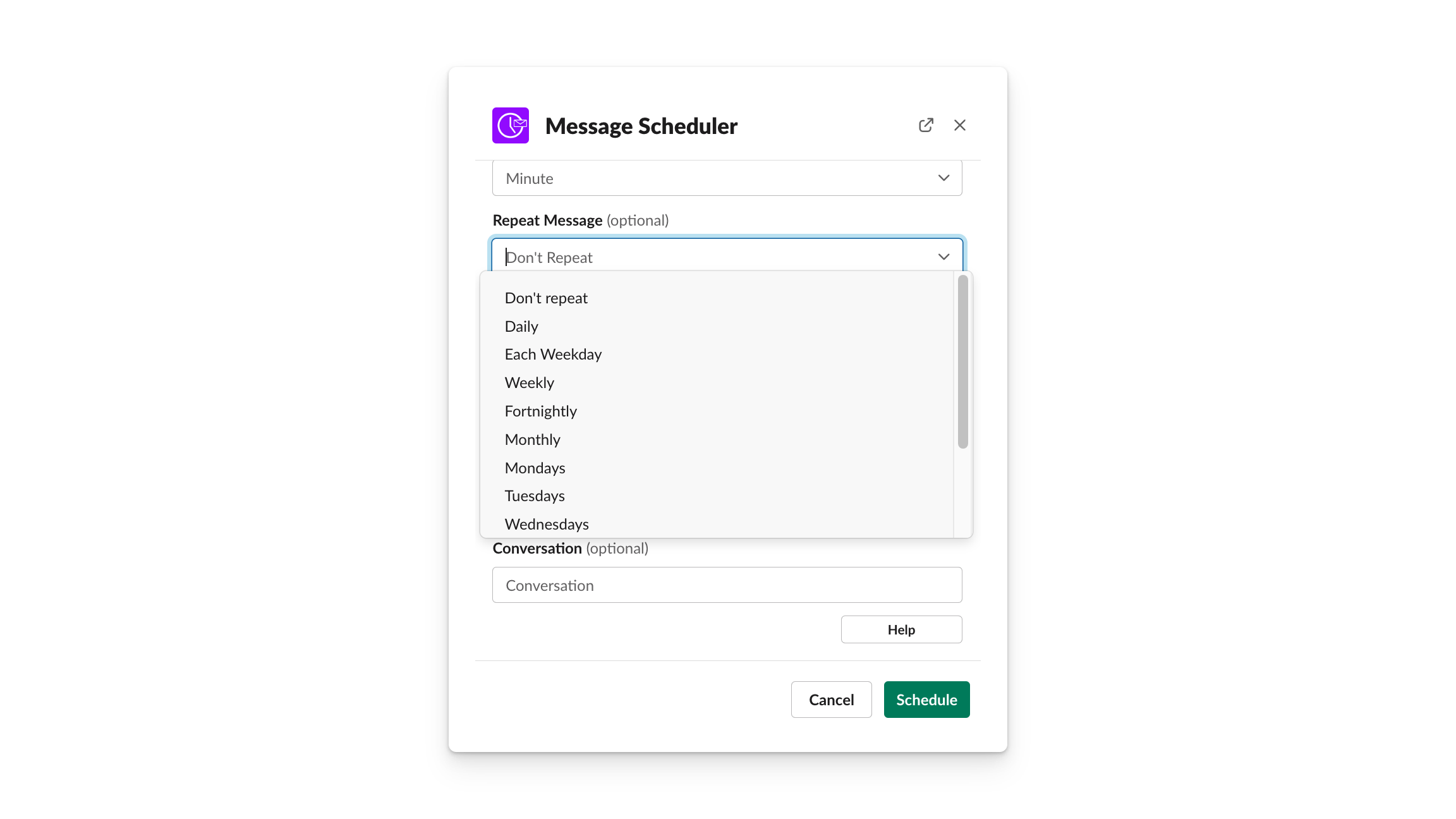 slack scheduler advanced modal showing how to schedule recurring messages