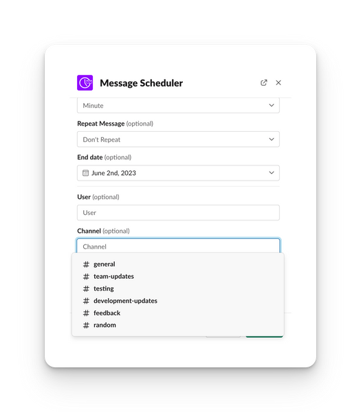 screenshot of slack scheduler advanced scheduler with channel select dropdown