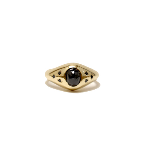 Custom 14k yellow gold ring featuring a black rose cut diamond with 6 star set black melee diamonds