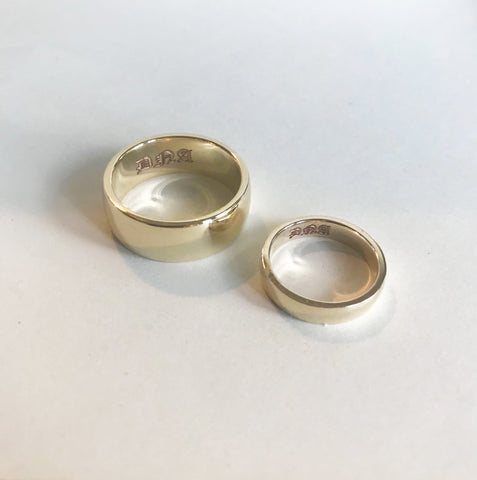 Gold His and Hers Wedding Bands 14k with Custom Engraving Bexon Jewelry By Christina Atkinson