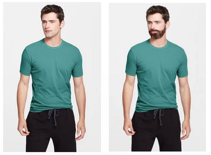 comparison photo of man in green shirt with and without beard
